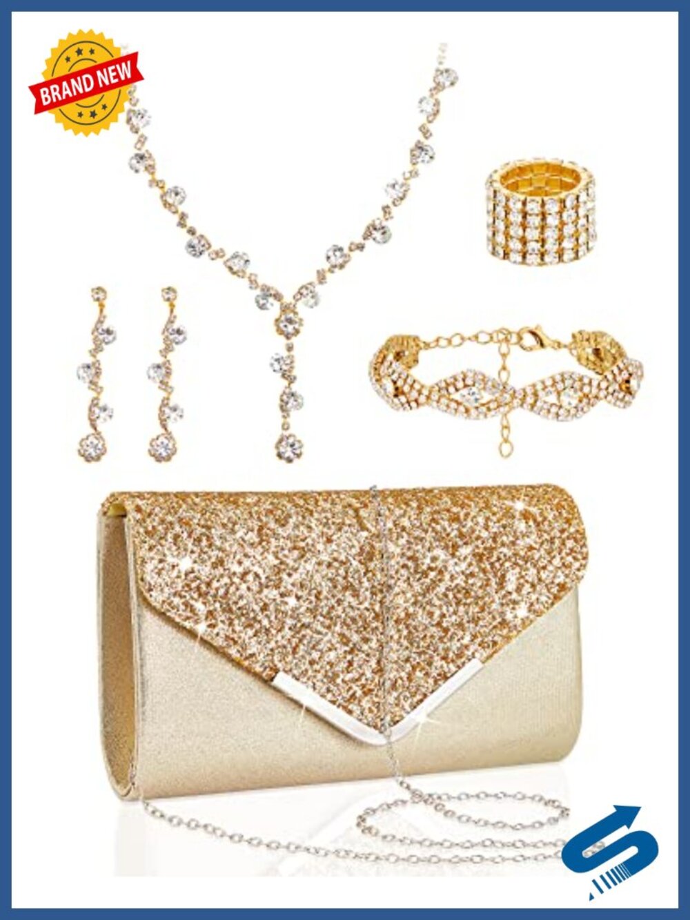 Henoyso 5 Pc Rhinestone Jewelry Set with Clutch Purse for Prom Wedding